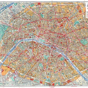 Map of Paris, France, 1960. Restoration Hardware Home Deco Style Old Wall Map. Vintage Reproduction.