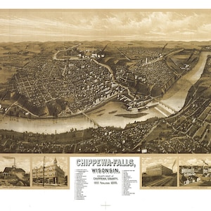 Karte von Chippewa-Falls, County of Chippewa, Wisconsin, WI 1907. Restaurierung Hardware-Home-Deco Stil alte Landkarte. Vintage Reproduktion.