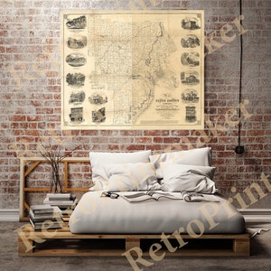 May include: An antique map of Floyd County, Indiana, with a detailed outline of the county's roads, rivers, and towns. The map is surrounded by 12 small illustrations of buildings, likely depicting notable structures in the county.