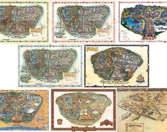 Mapa de Disneyland - Mapa panorámico con vista de pájaro de Disneyland. Reproducción de mapa antiguo para pared, estilo Art Déco de Restoration Hardware.