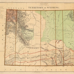 Carte de l'État du Wyoming, WY 1876. Impression de reproduction de carte murale ancienne de style déco maison vintage.