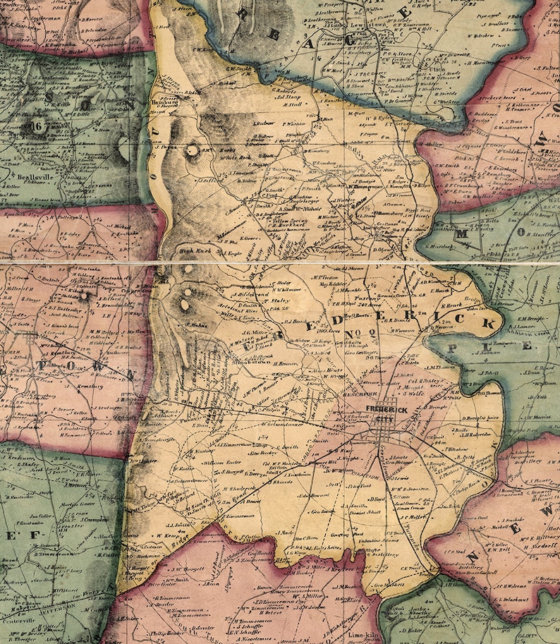 Map of Frederick County Maryland MD. 1858. Vintage Etsy