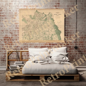 Può includere: Una mappa vintage della contea di Orange, in Florida, stampata su carta color crema con dettagli verdi e marroni. La mappa è incorniciata e appesa a un muro di mattoni sopra un letto con biancheria da letto e cuscini bianchi.