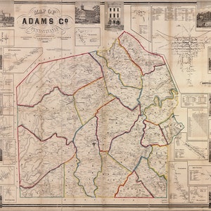 Carte du comté d’Adams, Pennsylvanie, 1858.  vintage home Deco Style ancienne reproduction murale carte imprimer.