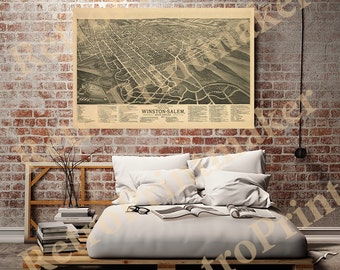 May include: An antique map of Winston-Salem, North Carolina, showing the city's layout and streets. The map is printed on aged paper with a vintage aesthetic.