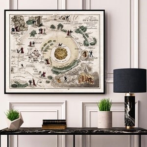 Könnte beinhalten: Eine Vintage-Kartenillustration des "Plans der Himmlischen Stadt" mit einem kreisförmigen Design und dem Text "Das Neue Jerusalem." Die Karte ist von einem schwarzen Rahmen umgeben.