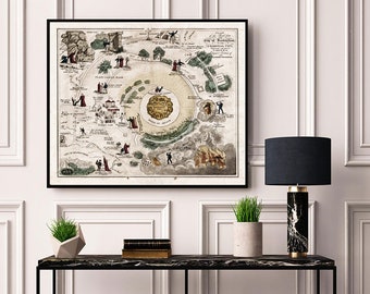 May include: A vintage map illustration of the "Plan of the Celestial City" with a circular design and text that reads "The New Jerusalem." The map is surrounded by a black frame.