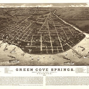 Carte de Green Cove Springs, Clay Co., Floride (Fl.), 1885.  Restauration Hardware Home Deco Style Old Wall Map. reproduction vintage