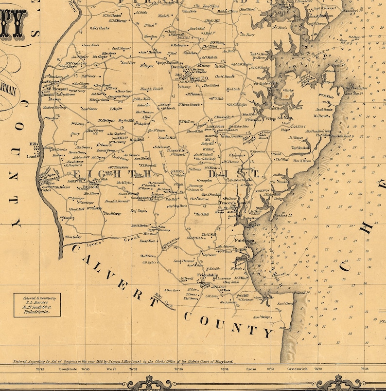 Map of Anne Arundel County Maryland MD. 1860. Vintage Home Etsy
