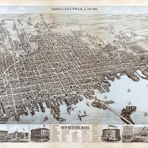 New Bedford, condado de Bristol, Massachusetts, MA, 1876. Reimpresión vintage de pared antigua de estilo decorativo para el hogar de Restoration Hardware.