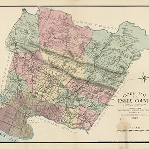 Carte du comté d'Essex, New Jersey, 1877. Matériel de restauration vintage pour maison, impression de reproduction de carte murale ancienne de style déco.