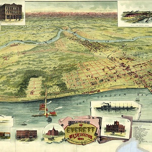 Karte von Everett, Snohomish Co., Washington 1893 Reproduktion Vintage Vogelauge Karte.  Erhältlich in unterschiedlicher Größe.