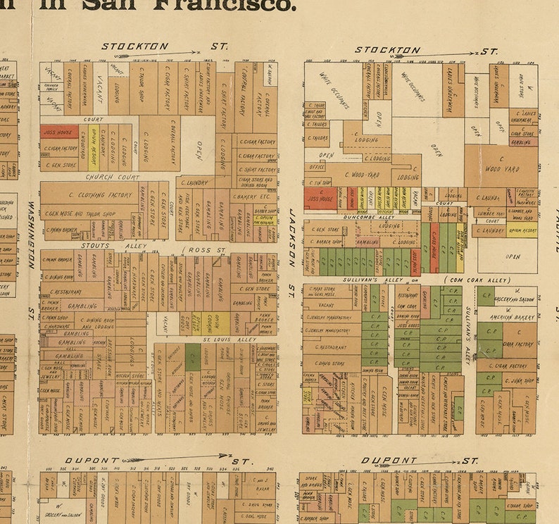 Official map of Chinatown in San Francisco, California, CA, 1885. Vintage restoration hardware home Style old wall reproduction map print. image 4