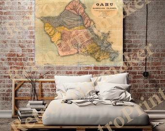 Map of Oahu, Hawaiian islands, 1899.   Restoration Hardware Home Deco Style Old Wall Vintage Reprint.