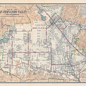 San Fernando Valley kaart, Californië CA 1923.  Vintage restauratie Hardware Home deco stijl oude muur reproductie kaart afdrukken.