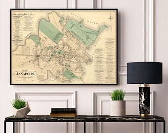 Map of Annapolis, Maryland. Vintage home Deco Style old wall reproduction map print.