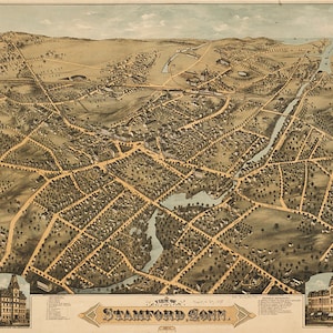 Karte von Stamford, Connec. (Conn.) 1875. Restaurierung Hardware Home Deco Stil Alte Wandkarte Reproduktion Druck.