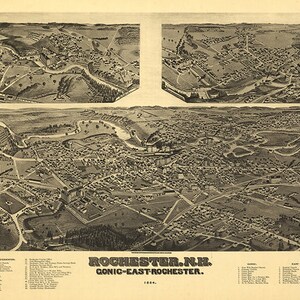 Mappa di Rochester, Gonic e East-Rochester, Strafford County, New Hampshire NH 1884. Riproduzione giclée del vecchio muro in stile Home Deco.