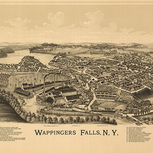 Wappingers Falls, Westchester Co. Nueva York, N.Y. 1889. Impresión de mapa de reproducción de pared antigua de estilo Deco de hardware de restauración vintage. NY0108