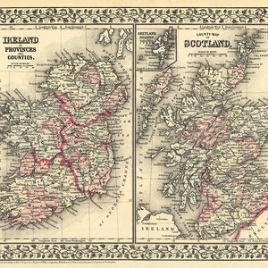 Carte de l'Écosse et de l'Irlande, reproduction d'époque de 1873.