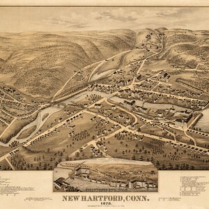 New Hartford, Litchfield County, Conneticut (CT.) 1878. O.H. Bailey & Co. Vintage Landkarte, Reproduktion aus der Vogelperspektive.