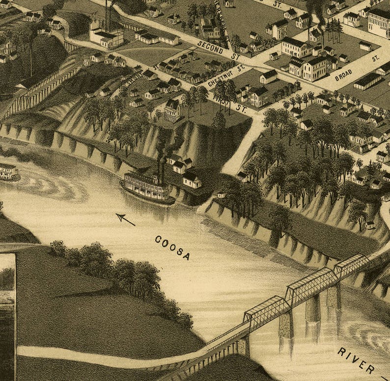 Map of Gadsden Etowah County Alabama AL. 1885. Vintage Etsy