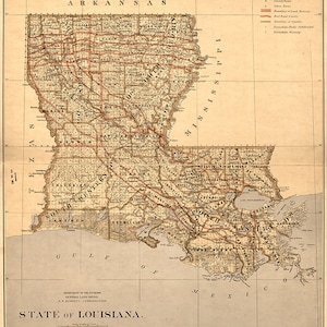 Map of Louisiana 1876.  Vintage restoration hardware home Deco Style old wall reproduction map print.
