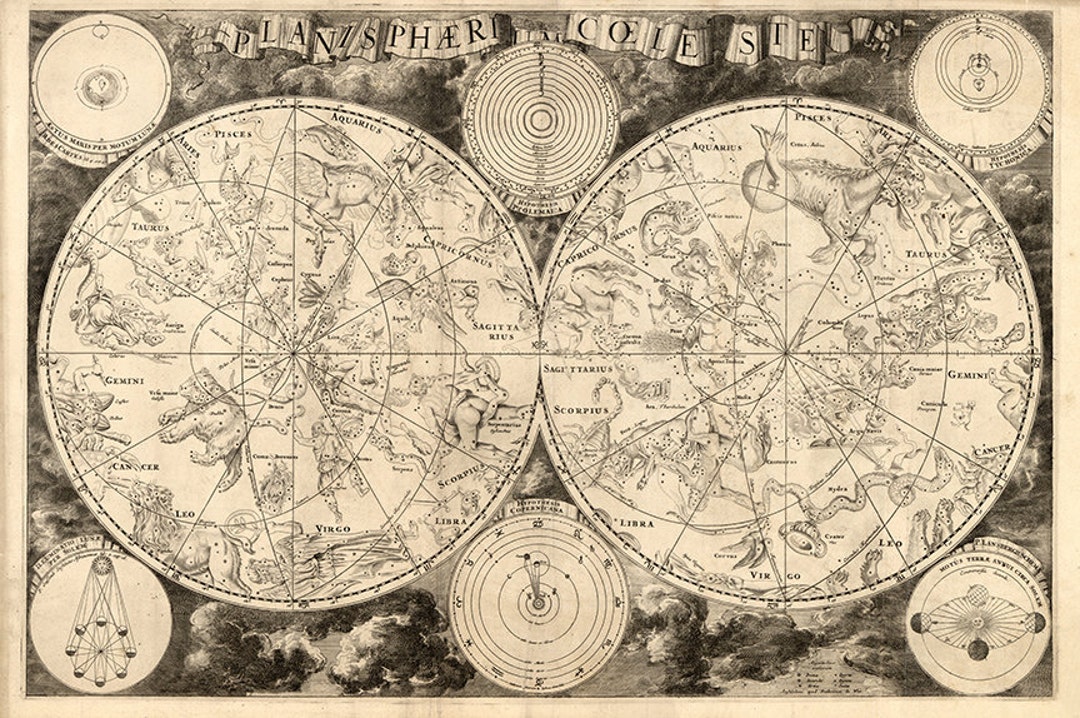 Map of Astronomy. Planisphaerium Coeleste. Celestial Charts. 1850. Vintage Reproduction Print. - Etsy Map of Astronomy. Planisphaerium Coeleste. Celestial Charts. 1850. Vintage Reproduction Print. - Etsy