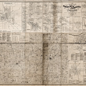 Mapa de los condados de Shelby & Johnson, Indiana 1866 Home Old Wall Vintage Reproducción.
