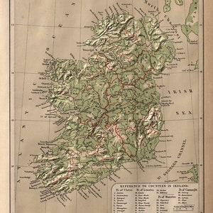 Mapa de Irlanda, 1880. Impresión de reproducción de mapa de pared antiguo de estilo Deco para el hogar, con hardware de restauración vintage.