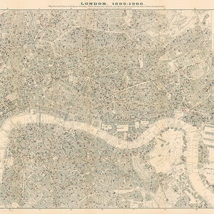 May include: A vintage map of London from 1899-1900. The map shows the location of public buildings, schools, and markers for the site of interesting events. The map is printed in black and white with red and blue markings.
