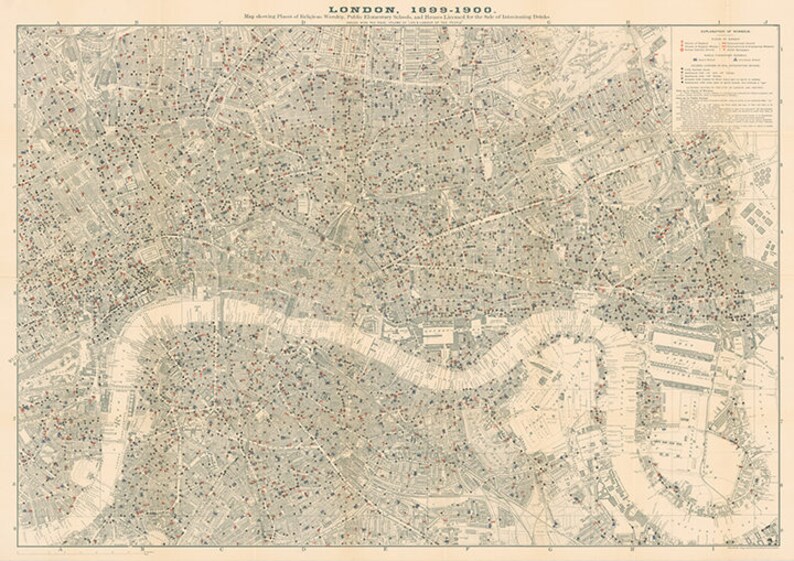 May include: A vintage map of London from 1899-1900. The map shows the location of public buildings, schools, and markers for the site of interesting events. The map is printed in black and white with red and blue markings.