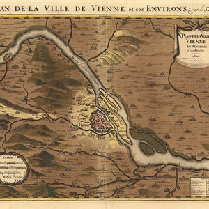 Mapa de Vienne, França, 1692. Restauração Hardware Estilo Home Deco Mapa de Parede Antigo. Reprodução Vintage.