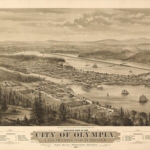 Olympia, East Olympia e Tumwater, Puget Sound, Washington. 1879. Mapa de reprodução vintage com vista aérea. Glover, A.L. Bancroft & Co.