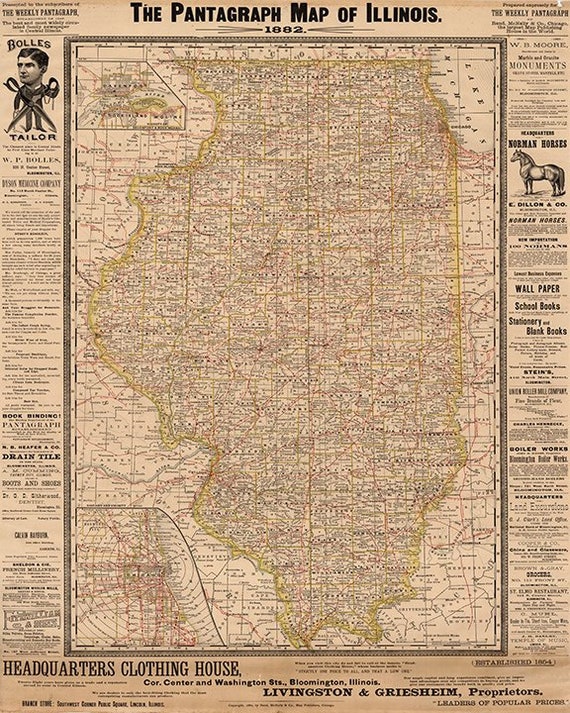 Pantagraph Map of Illinois IL 1882. Restoration Hardware - Etsy