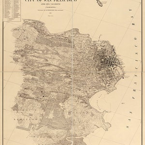 Map of San Francisco, California CA, 1893.   Survey and vicinity.  Vintage restoration hardware home Deco Style old wall reproduction print.