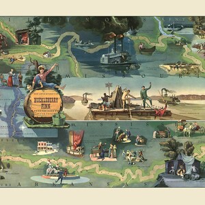 The adventures of Huckleberry Finn by Mark Twain : Mississippi River from Hannibal, MO - Pikesville, MI. Available archival paper & canvas.