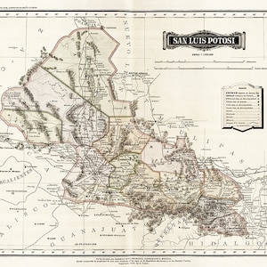 Carte de San Luis Potosi, Mexique 1886. Reproduction de carte murale ancienne de style déco maison vintage.