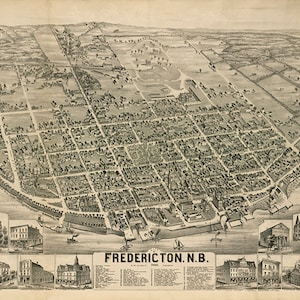 Karte von Fredericton, New Brunswick, Kanada im Jahr 1882.  Reproduktion Vintage Vogelauge Ansicht Karte.