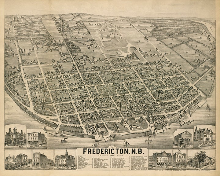Map of Fredericton, New Brunswick, Canada in 1882. Reproduction Vintage
