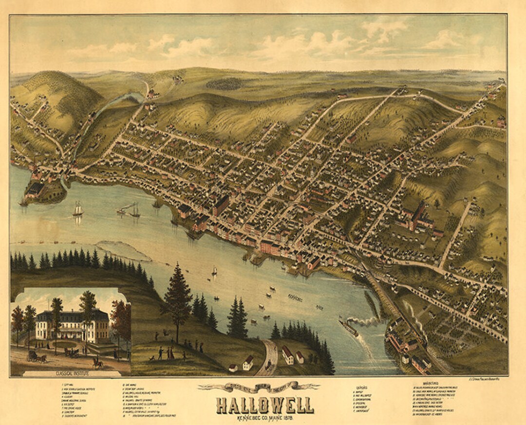 Map of Hallowell Kennebec Co. Maine 1878. Vintage Etsy