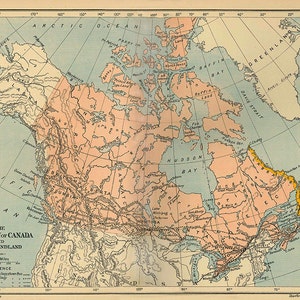 Kaart van Canada en Newfoundland.  Vintage reproductiekaart. Varieert beschikbare maten.