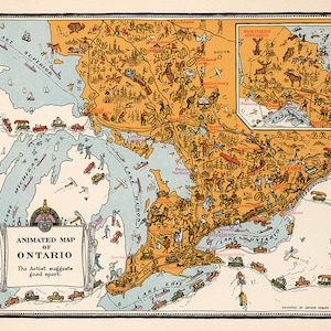 Map of Ontario, Canada, 1929.  Vintage restoration hardware home Deco Style old wall reproduction map print.