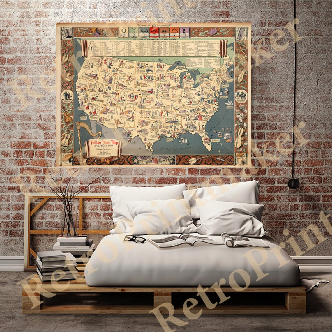 Folklore Music Map of the United States 1945. Laurence Etsy