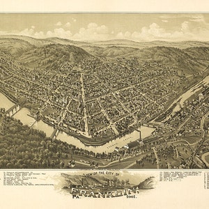 Vintage Franklin, Venango Co., Pennsylvania 1901 Nachdruck.  Restauration Hardware Home Deco Stil Alte Mauer Vintage Giclee Reproduktion.