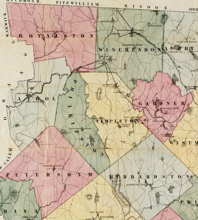 Map of Worcester County Massachusetts MA. 1857. Vintage Etsy