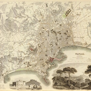 Map of Naples, Italy 1835.  Carta de contorni di Napoli.  Restoration Hardware Home Deco Style Old  Wall Map.  Vintage Reproduction.