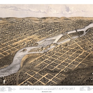 Panoramische Ansicht von Minneapolis und St. Antonius, Minnesota 1867. Restaurierung Hardware Home Deco Alte Wand Giclée-Reproduktion