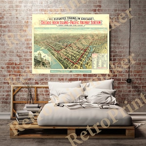 Puede incluir: Mapa vintage de Chicago, Illinois, que muestra las líneas de tren elevadas y la estación de ferrocarril Chicago Rock Island-Pacific. El mapa está en un estilo amarillento y envejecido con colores rojo, azul y verde.