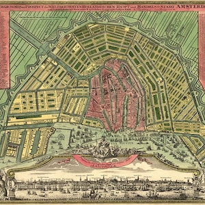 Carte d'Amsterdam, Pays-Bas (néerlandais), 1727. Reproduction d'une carte murale ancienne de style déco pour la maison avec quincaillerie de restauration vintage.